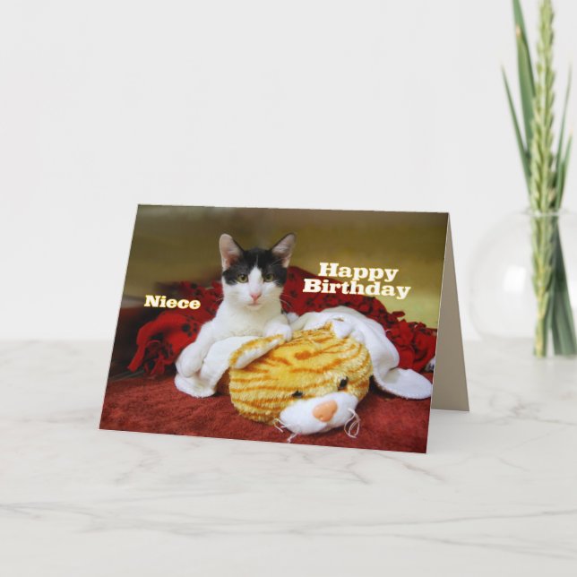 Niece Happy Birthday Kitten with Toy Tiger Card (Front)