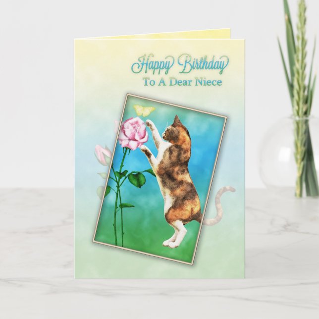 Niece, Happy Birthday with a playful cat Card (Front)
