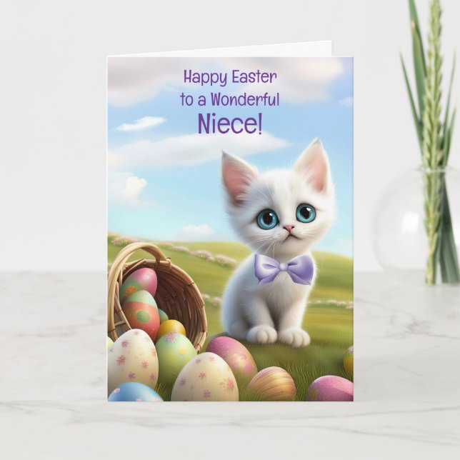 Niece Happy Easter Cute Kitty with Easter Eggs Card (Front)