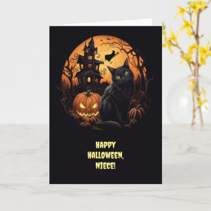 Niece Happy Halloween Black Cats Pumpkins Card