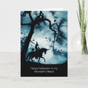Niece Happy Halloween Cute Witch and Unicorn Card