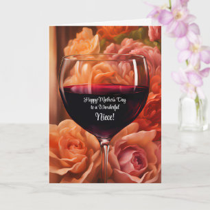 Niece Happy Mothers Day Flowers and Wine Humourous Card