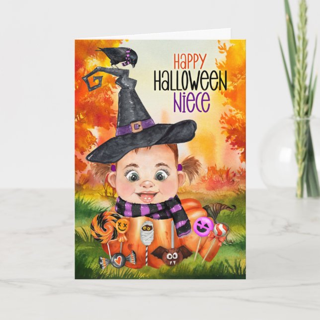 Niece Little Witch and Raven Halloween Pumpkin Holiday Card (Front)