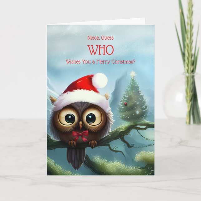 Niece Merry Christmas Cute Owl and Holiday Tree Card (Front)