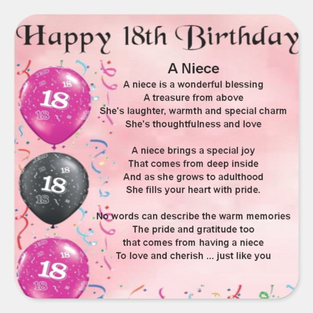 Niece Poem - 18th Birthday Square Sticker (Front)