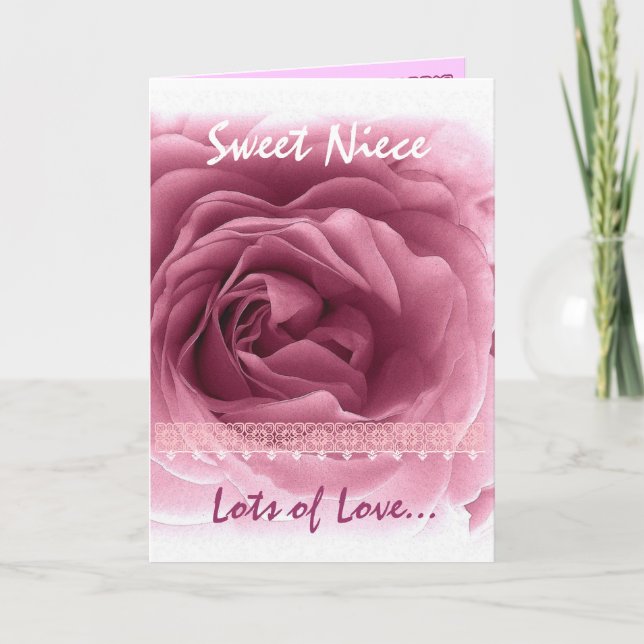NIECE Valentine's Day - Pink Rose & Lace Trim Holiday Card (Front)