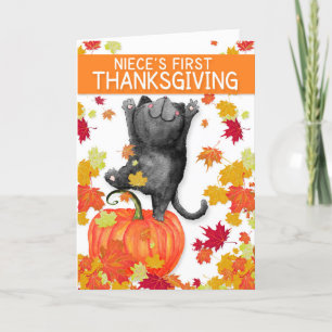 Niece's 1st Thanksgiving Dancing Black Cat Holiday Card