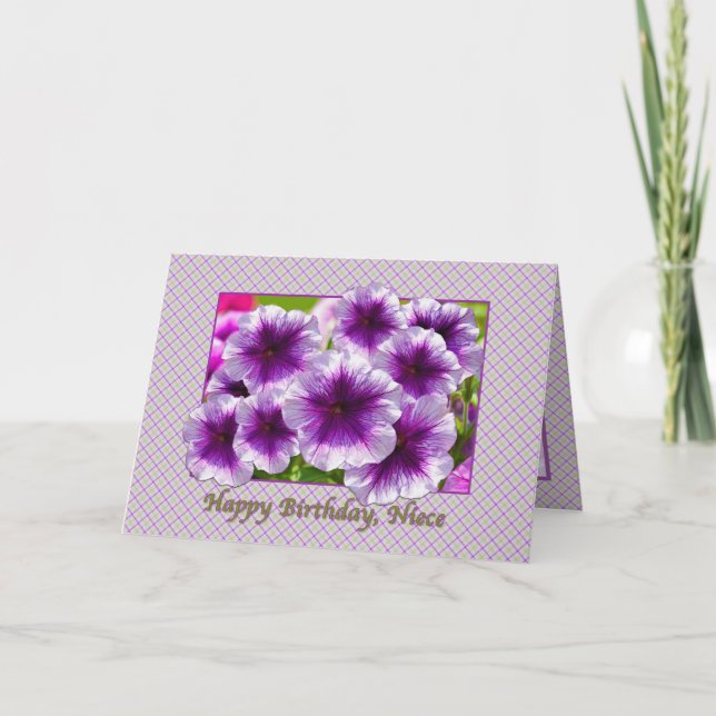 Niece's Birthday Card with Purple Petunias (Front)