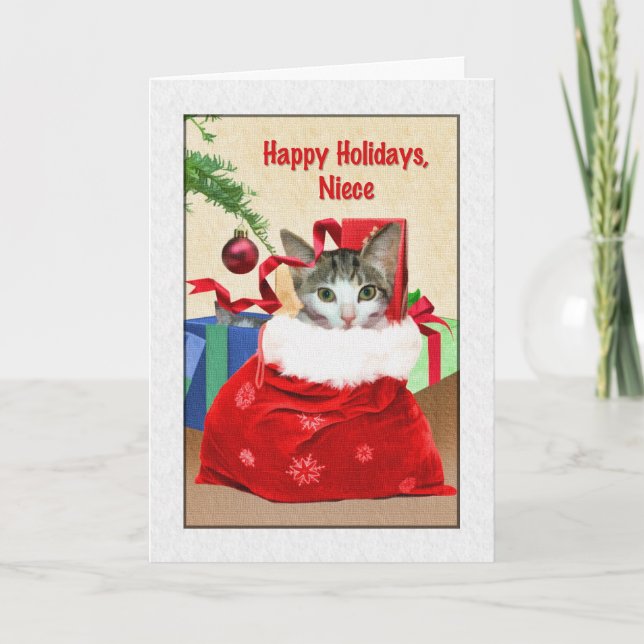 Niece's Christmas, Cat Under Tree Holiday Card (Front)