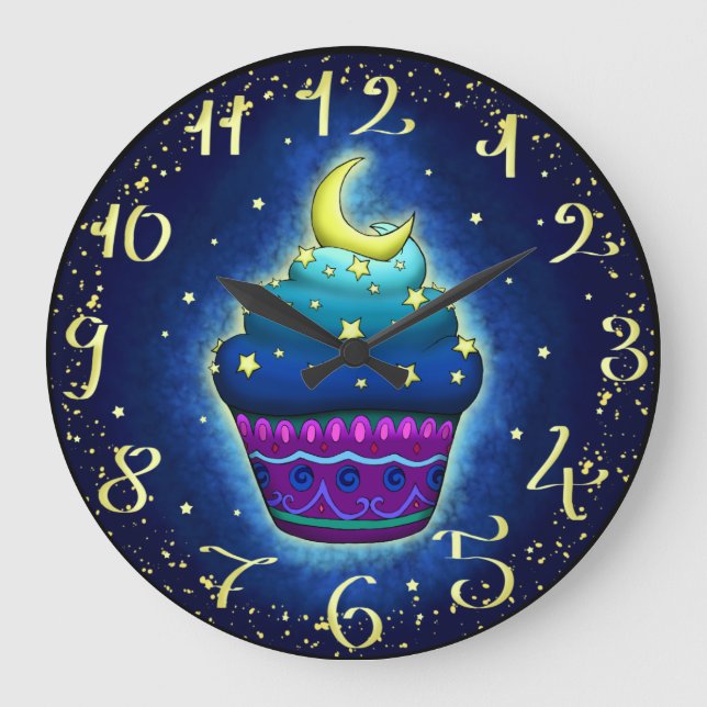Niedlicher Cupake mit Mond und Sternen Large Clock (Front)
