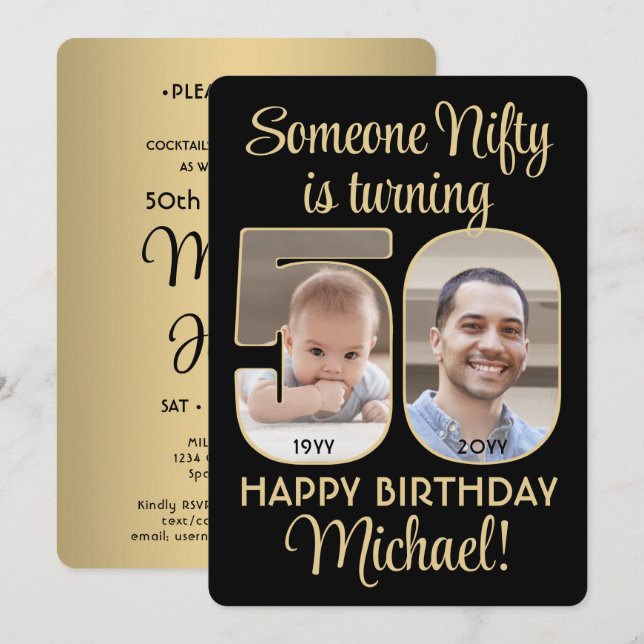 Nifty Fifty Black & Gold 50th Birthday Party Photo Invitation (Front/Back)