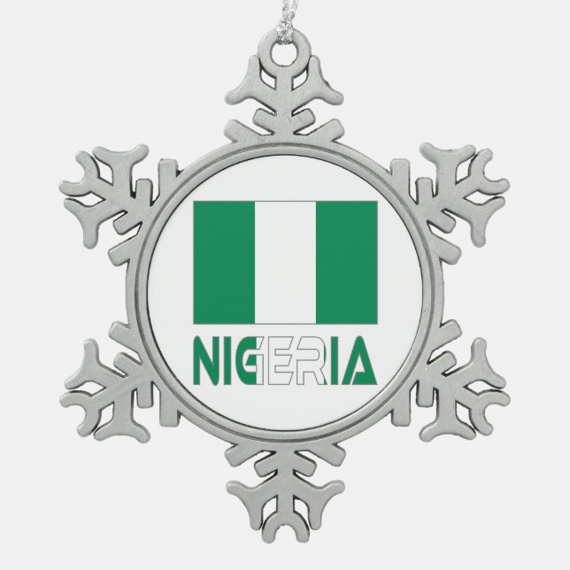 Nigerian Flag and Nigeria Snowflake Pewter Christmas Ornament (Front)