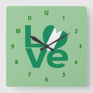 Nigerian Green LOVE Heart Flag Square Wall Clock