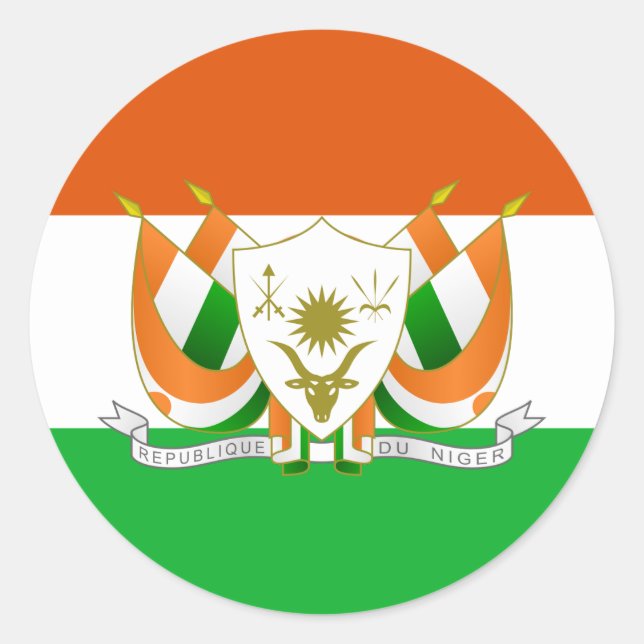 Nigerien Flag & Coat of Arms, Flag of Niger Classic Round Sticker (Front)