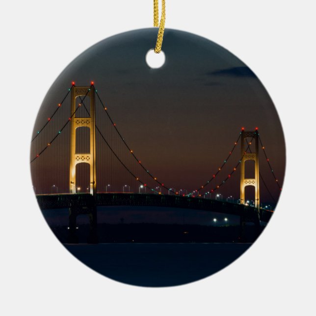 Night At Mackinac Bridge Ceramic Tree Decoration (Front)
