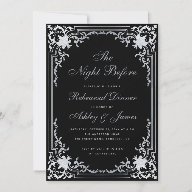 Night Before Black Faux Silver Rehearsal Dinner Invitation (Front)