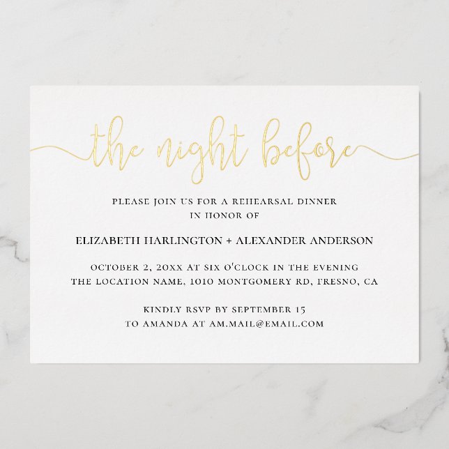 Night before. Elegant gold script rehearsal dinner (Front)