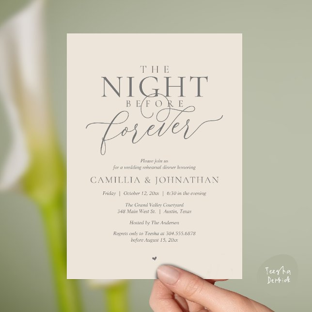 “Night Before Forever” Romantic Rehearsal Dinner Invitation (“Night Before Forever” Modern Romantic Rehearsal Dinner Invitation Card in Grey cream)