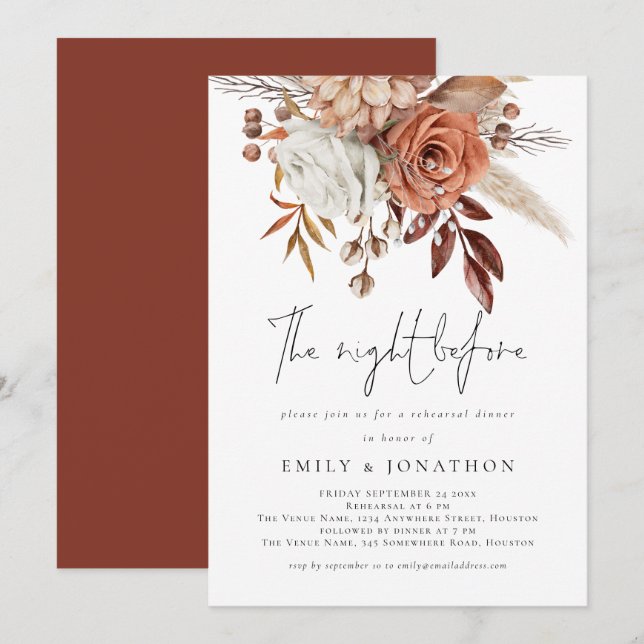 Night Before Terracotta Florals Rehearsal Dinner Invitation (Front/Back)