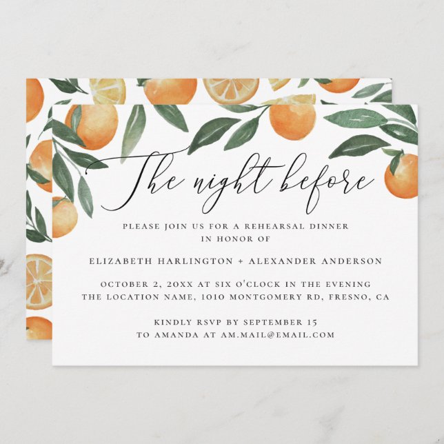 Night before. Watercolor citrus rehearsal dinner Invitation (Front/Back)