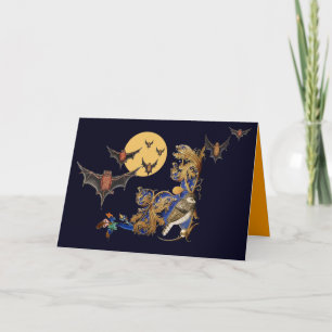 NIGHT BIRD AND FLYING BATS IN FULL MOON Halloween Card