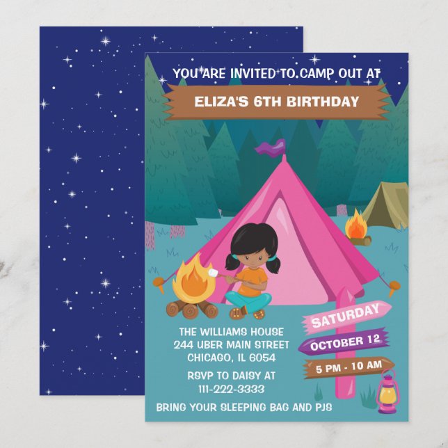Night Camping Birthday Party African American Girl Invitation (Front/Back)