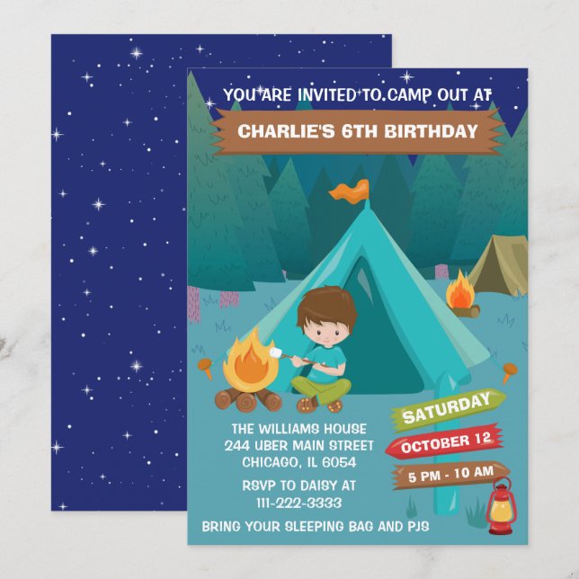 Night Camping Birthday Party Brown Hair Boy Invita Invitation (Front/Back)
