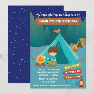 Night Camping Birthday Party Brown Hair Boy Invita Invitation
