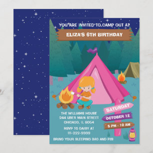 Night Camping Birthday Party Red Hair Girl Invitat Invitation