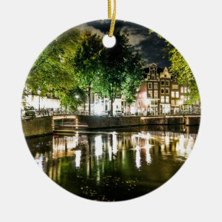 night canal in Amsterdam, Netherlands Ceramic Tree Decoration