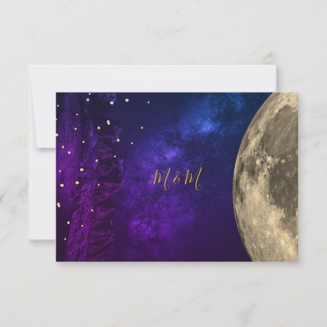 Night Celestial Sky Moon Purple Gold Monogram RSVP Card (Front)