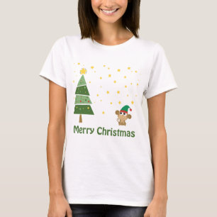 Night Christmas Scene with Cute Monkey T-Shirt