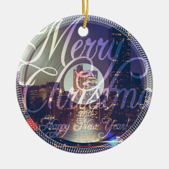 Night city on the record player ceramic tree decoration (Front)