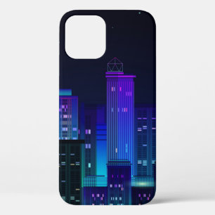 Night city panorama with neon glow on dark backgro iPhone 12 case