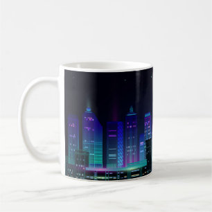 Night city panorama with neon glow on dark backgro coffee mug