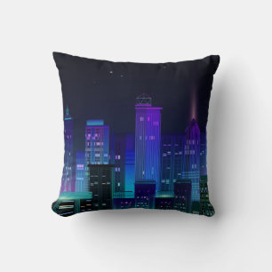 Night city panorama with neon glow on dark backgro cushion
