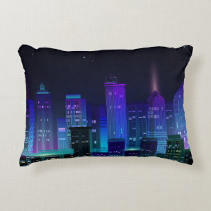 Night city panorama with neon glow on dark backgro decorative cushion