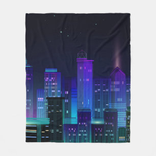 Night city panorama with neon glow on dark backgro fleece blanket