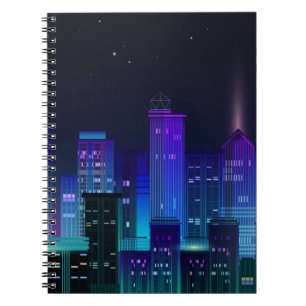 Night city panorama with neon glow on dark backgro notebook