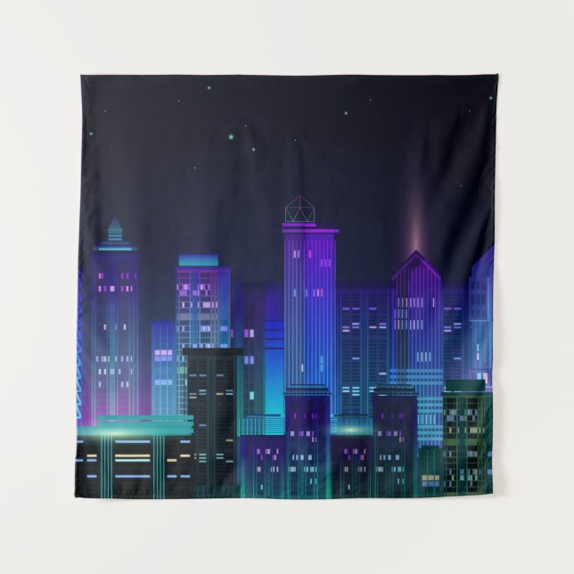Night city panorama with neon glow on dark backgro tapestry (Front)