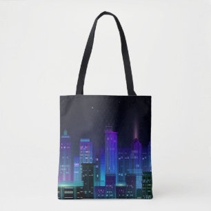 Night city panorama with neon glow on dark backgro tote bag