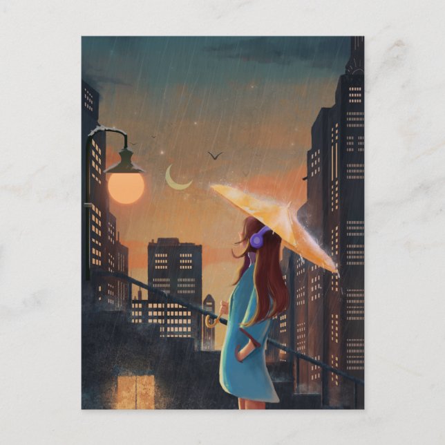 Night city rainy umbrella girl  postcard (Front)