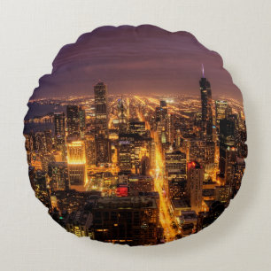 Night cityscape of Chicago Round Cushion