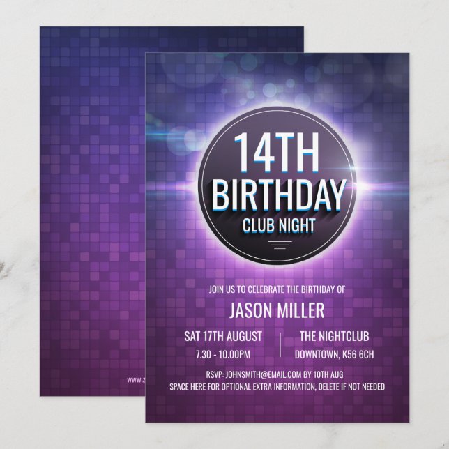 Night Club Teen Birthday Party Invite (Front/Back)