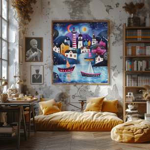 Night Coastal Village: Folk and Naive Landscape. Poster
