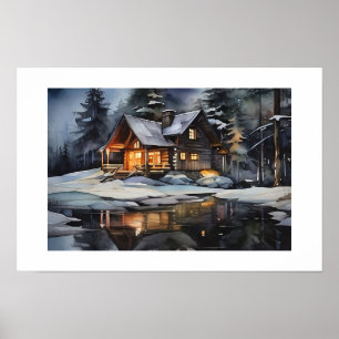 Night Cosy Winter Cabin Poster