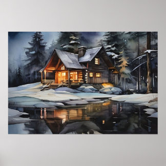 Night Cosy Winter Cabin Poster
