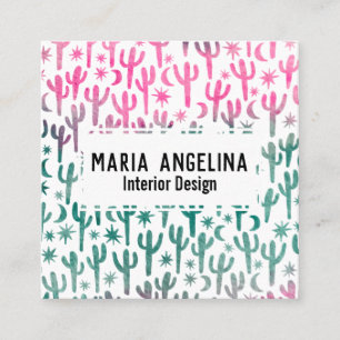 Night Desert Cactus Moon Stars Watercolor Pink Square Business Card