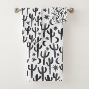 Night Desert Cactus Watercolor Pattern Indigo Bath Towel Set