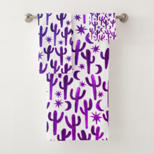 Night Desert Cactus Watercolor Pattern Purple Blue Bath Towel Set